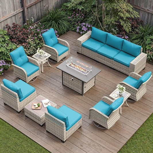 13-Piece Outdoor Patio Furniture Set with Rocking Swivel Chair, PE Wicker Rattan Sectional Sofa Patio Conversation Set with 55,000 BTU Fire Pit Table & Coffee Table, Turquoise