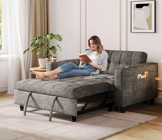 LINSY 54" Pull Out Couch with Charging Station, Small Sleeper Sofa Bed with Cup Holder, 3 in 1 Convertible Loveseat Sleeper Couch for Apartment, Dorm Room, Bedroom and Small Space, Gray