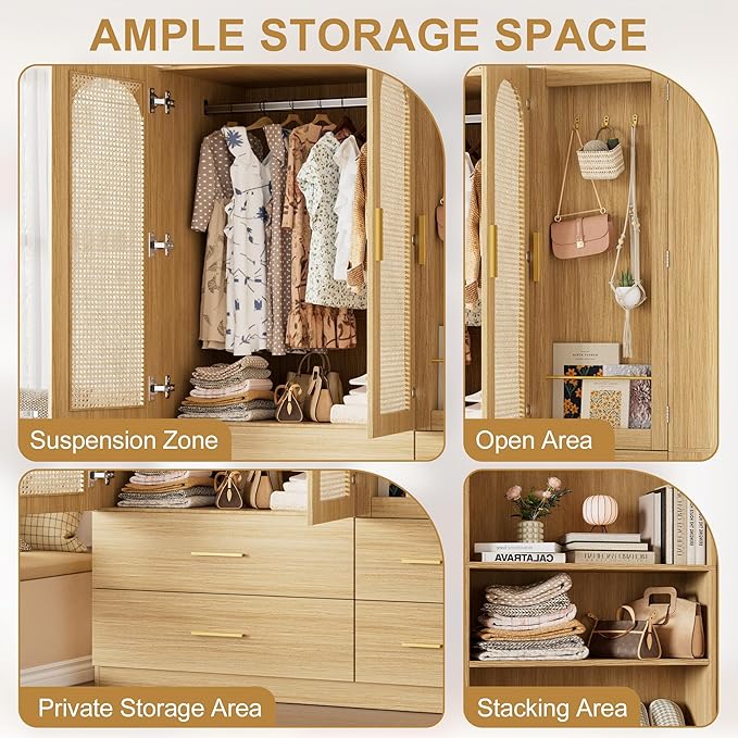 PAKASEPT 3 Doors Armoire Wardrobe Closet with Rattan,71'' Tall Freestanding Wooden Wardrobe Storage Cabinet for Bedroom with Hanging Rod,LED Vanity Mirror,Drawers,Clothes Hook,Open Shelves,Natural