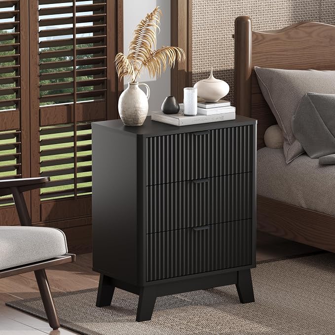 Wodeer Night Stands for Bedrooms Set of 2, Mid Century Modern Wood Bedroom Nightstand with 3 Drawers, Bedside Tables & End Tables with Metal Handles, Farmhouse Night Stands for Bedroom, Black - Image 3