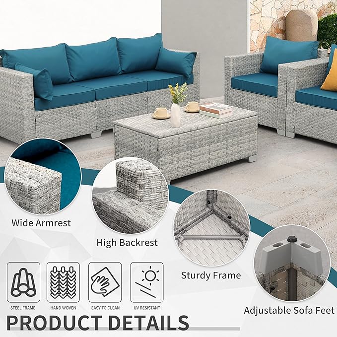 WAROOM Patio Furniture Set 4 Piece Outdoor Wicker Conversation Sets PE Rattan Couch Sectional Sofa with Storage Table, Peacock Blue Cushion