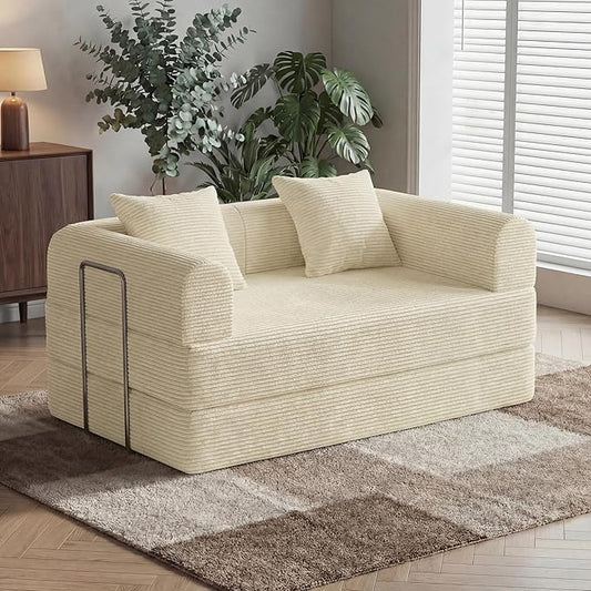 HouseMila 59" Boneless Couch,4-in-1 Futon Sofa Bed Modular Loveseat Sleeper Folding Compressed Couch with Pillows,No Assembly Required Convertible Sofa Bed for Living Room Bedroom Guest Room,Beige