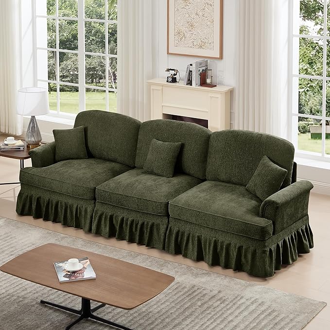 KEIKI Mid Century Modular Sofa with Flared Arms and Skirted Design, 107” Oversized 3-Seater Luxury Chenille Sectional Couches for Living Room, Big Comfy Couch Bedroom Furniture, Green