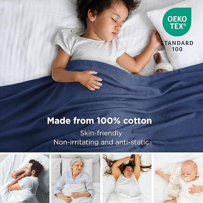 Bedsure GentleSoft 100% Cotton Blanket Full Size for Bed - Breathable and Lightweight, Soft Cozy Textured Herringbone Woven Blanket for Summer Spring, Navy Blue, 80x90 inches