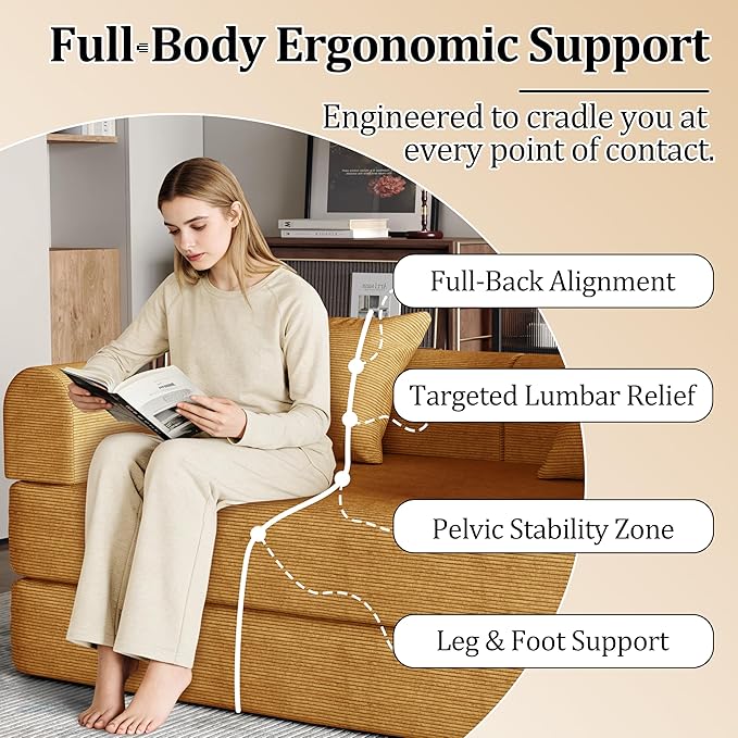 53.15'' Convertible Compressed Corduroy Folding Sofa Bed, Modern Boneless Pull Out Loveseat Sleeper in a Box, 4 in 1 Floor Mattress Futon Cloud Couch, No Assembly Needed, Yellow, 2 Pillows, Full