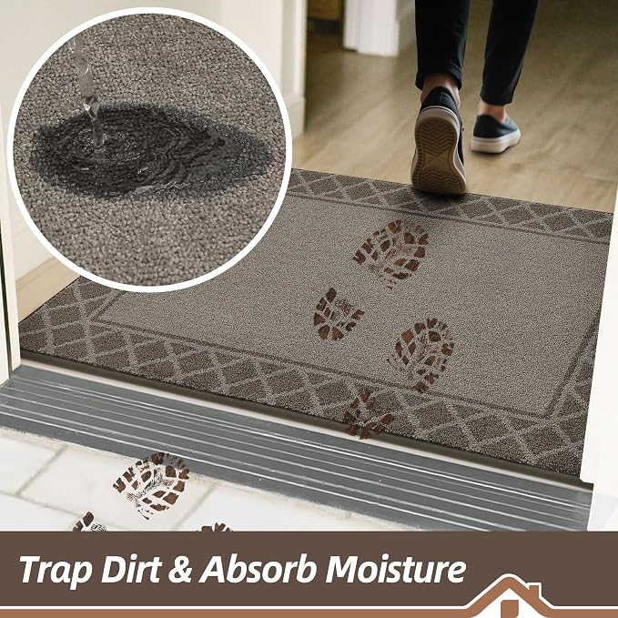 BEQHAUSE Door Mat Indoor Entrance Dirt Trapper Rugs for Entryway Non Slip Welcome Mat Absorbent Floor Mat Low Profile Washable Front Doormat for Dirty Paws, 20" x 32", Brown - Image 4