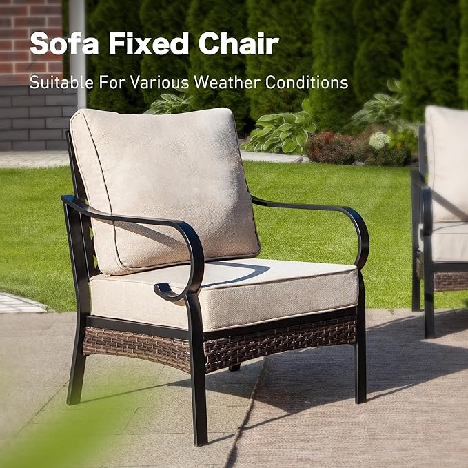 6 Piece Metal Outdoor Patio Furniture Sets, Patio Conversation Sets 1 3-Seater Sofa, 4 Single Sofa with 5.75" Extra Thick Cushion & Coffee Table, Black Frame Backyard Furniture, Beige