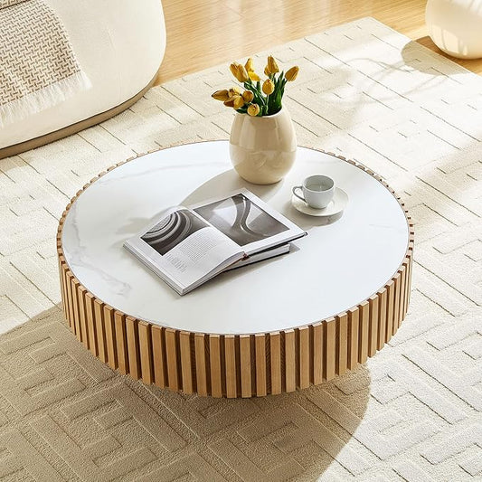 WILLIAMSPACE 35.43" Round Coffee Table with Sintered Stone Tabletop, Modern Farmhouse Wood Circle Drum Center Table for Living Room, Accent Side End Table for Apartment, 13.77" H (Oak+White)