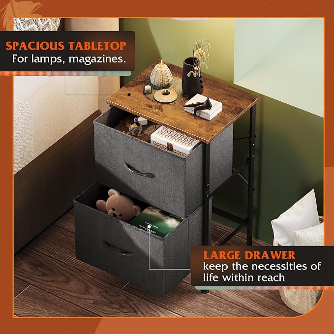 WLIVE Nightstand, Nightstand with 2 Drawers, Bedside Furniture, Night Stand, Small Dresser for Bedroom, College Dorm, End Table with Fabric Bins, Dormitory, Black and Rustic Brown - Image 5