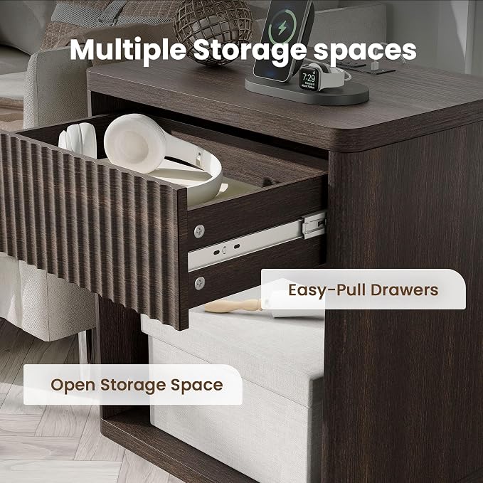 Fluted Nightstand with Drawer Bed Side Table Wide End Table Modern Night Stands with Large Storage Charging Station Mid Century for Bedroom Living Room Office,Walnut - Image 6