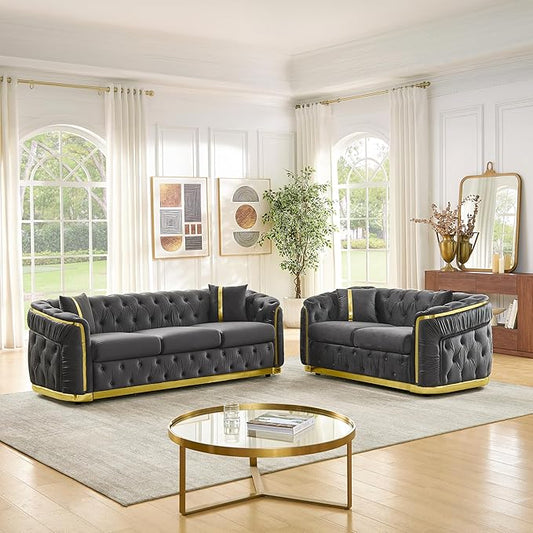 KEIKI 2-Piece Luxury Chesterfield Sofa Set with 1 Velvet 3-Seater Sofa & 1 Loveseat Sofa, 5-Seater Couch Set with 4 Pillow, Gold Stainless Decoration and Rolled Arms, for Living Room, Gray