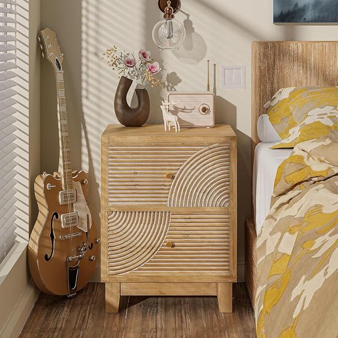 COZAYH Set of 2 2-Drawer Farmhouse Nightstand, Mid Century Nightstand Fully Assembled with Handcrafted Wood Ring Pattern for Boho, Mid-Century, Rustic Style, Natural Wood - Image 10
