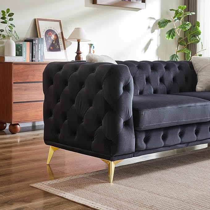 KEIKI 2-Piece Luxury Chesterfield Sofa Set with 2 Velvet 3-Seater Sofa, Mid-Century 6-Seater Tufted Buttons Couch Set with 4 Pillows & High-Density Foam Cushions, Easy Assembly, for Living Room, Black