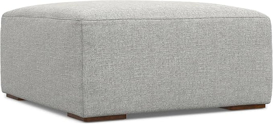 SIMPLIHOME Rex Ottoman - 34 inch Wide Upholstered Performance Fabric Square Ottoman in Pale Grey, Modern Bench for Living Room or Bedroom with High-Density Cushion, Assembled