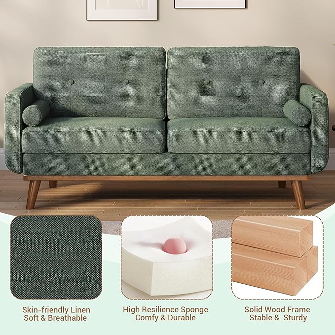 Garvee 65 in Mid Century Modern Loveseat Sofa for Small Spaces, 2 Seater Linen Upholstered Couch with Button Tufted Design & Wood Legs, Small Couch for Living Room, Bedroom, Office, Apartment, Green