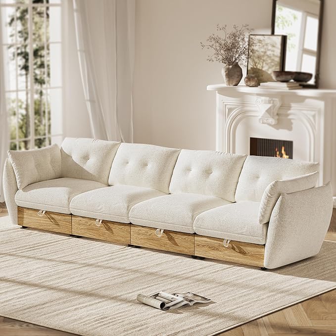 126" 4-Seater Cloud Couch Sectional Modular Sofa with Storage, Cotton and Linen Fabrics Modern Oversized Deep Seat Sofa with Armrest Pillow, Easy Assembly for Living Room, Apartment, Ivory