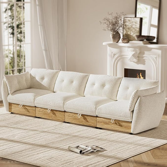 126" 4-Seater Cloud Couch Sectional Modular Sofa with Storage, Cotton and Linen Fabrics Modern Oversized Deep Seat Sofa with Armrest Pillow, Easy Assembly for Living Room, Apartment, Ivory