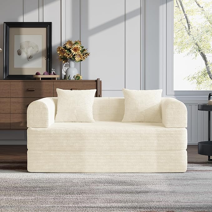 HouseMila 53.15" Boneless Couch,4-in-1 Futon Sofa Bed Modular Loveseat Sleeper Folding Compressed Couch with Pillows,No Assembly Required Convertible Sofa Bed for Living Room Bedroom Guest Room,Beige