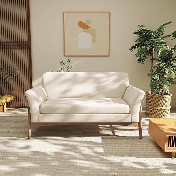 Christopher Knight Home Canna Fabric Flared Arms Loveseat, Comfy Upholstery 2 Seater Sofa, Wooden Frame Living Room Chair, Soft Seating Lounge Sofa for Bedroom/Office, Beige + Natural