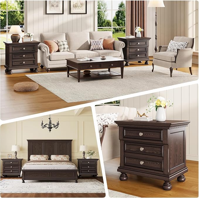 AMERLIFE Fully Assembled Nightstand Set of 2, Solid Wood End Table with 2 Storage Drawers, 26" Extra Large Traditional Bedside Cabinet for Bedroom, Dark Brown - Image 9