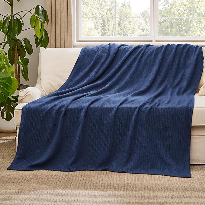 Bedsure GentleSoft 100% Cotton Blanket Full Size for Bed - Breathable and Lightweight, Soft Cozy Textured Herringbone Woven Blanket for Summer Spring, Navy Blue, 80x90 inches
