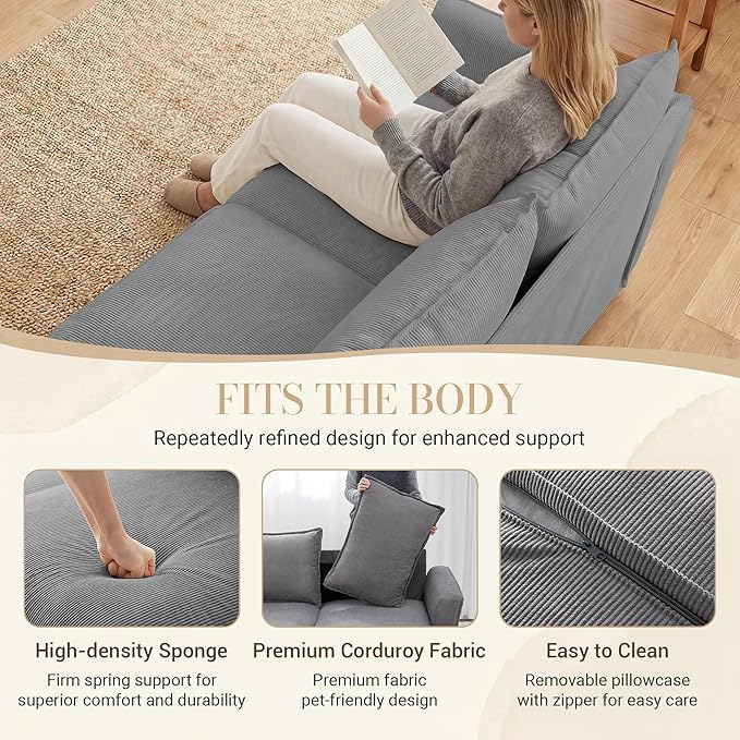 3 Seater Corduroy Couch, 89" Comfy Couch with Deep Seat, Modern Sofa Couch for Living Room, Office, Bedroom, Apartment (Pillows not Included) | Breathable material, Pet - friendly, Strong support