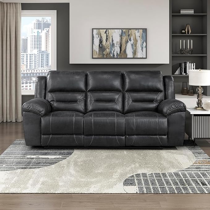Lexicon Double Recliner Sofa for Living Room, Wall Hugger Manual Reclining Couch Sofa, Textured Microfiber Upholstered Dual Reclining Sofa, Home Theater Seating, Required Assembly, Black