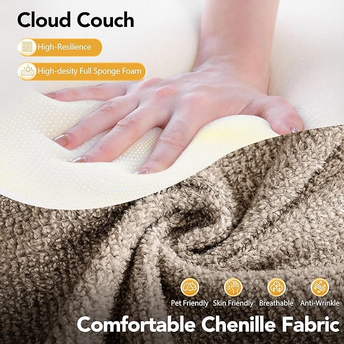 Rengue 105.5" Cloud Boneless Sectional Sofa for Living Room, 4-Seater L-Shaped Comfy Couch with Ottoman, 4 Pillows, Deep Seat Chenille Sofa, No Assembly Required (Beige) 72h to Restore
