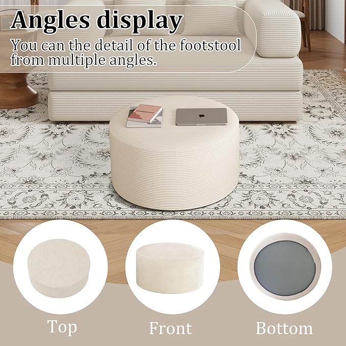 Coffee Table 32”Ottoman for Couch Plush Corduroy Memory Foam Footstool Cloud Boneless Sectional for Living Room Round Side Table Cushiong No Assembly Makeup Desk (Beige, 32")