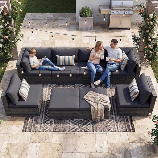 NICESOUL 8 Seater Modern Luxury Outdoor Furniture Set, Extra Large PE Wicker Patio Modular Sectional Sofa with Ottoman, 29.3'' High Back L-Shaped All-Weather Conversations, Deep Seated Grey Color