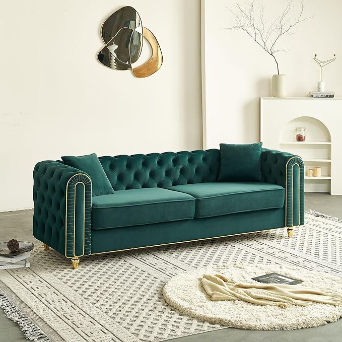 KEIKI 86" Chesterfield Velvet Button Tufted Sofa with High Density Foam Cushions and 2 Toss Pillows, Modern Style 3-Seater Couch with Gold Strip Trim Decoration, Easy Assembly, for Living Room, Green