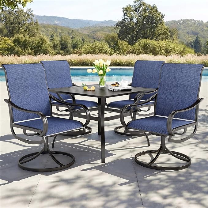 PHI VILLA 5 PCS Outdoor Patio Dining Set with Swivel Dining Chairs (Blue) and 37"x 37" Metal Steel Dining Table(1.57" Umbrella Hole), All Weather Patio Dining Furniture Set for Deck Lawn Garden by PHIVILLA