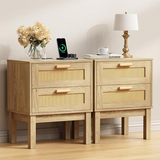 Rattan Nightstand Set of 2 with Charging Station, Boho Bedside Tables with 2 Drawer, Natural Wood Bed Side End Tables, Multi-Functional Storage Cabinet Suitable for Living Room/Bedroom/Hallway by Owipaw