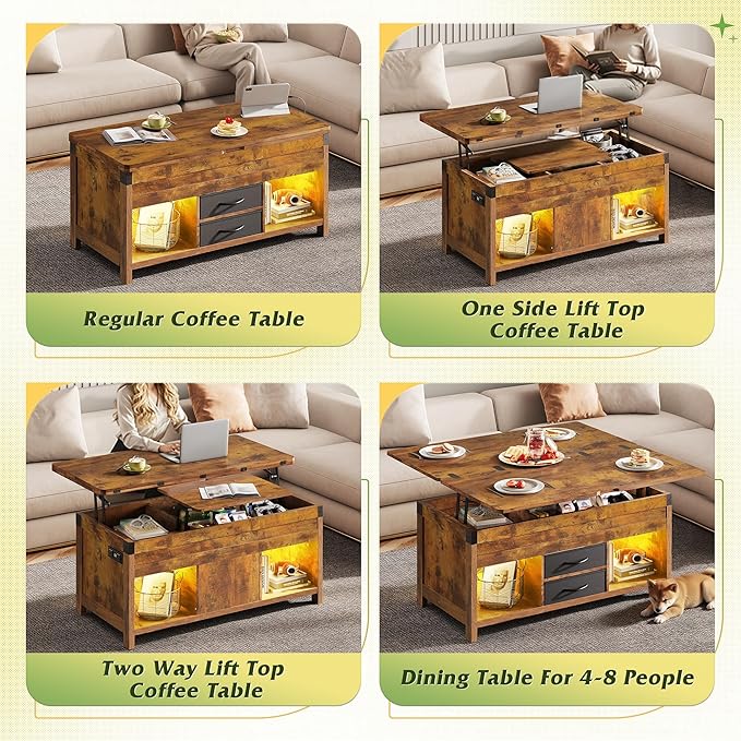 WLIVE 40" Lift Top Coffee Table, 4 in 1 Coffee Tables with Storage, 2 Fabric Drawers, LED Light and USB, Modern Coffee Table with Hidden Compartment for Living Room, Dining Room, Rustic Brown