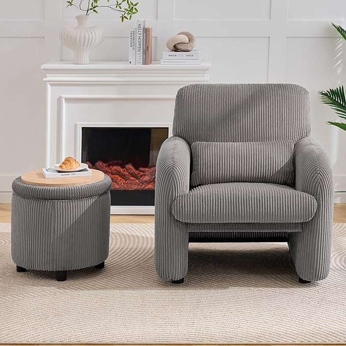 WUTUTUEE Corduroy Accent Chair with Storage Ottoman, Upholstered Armchair with Lumbar Pillow, Flip-Top Ottoman Converts to Coffee Table, Modern Sofa Chair for Living Room, Bedroom, Office, Grey