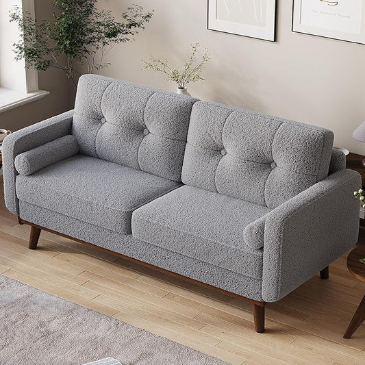IDEALHOUSE 65" Mid Century Modern Couch Sofa Loveseat, Comfy Love Seat Couches for Living Room, 2 Seater Teddy Fleece Boucle Upholstered Deep Seat Couch for Bedroom Office Small Space, Grey