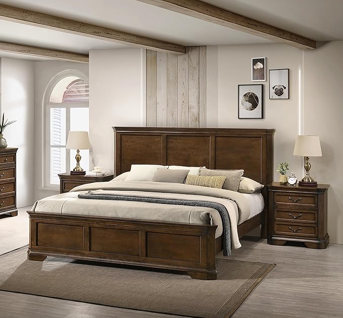 Roundhill Furniture Maderne 3-Piece Bedroom Set with King Size Panel Bed and Two Nightstands, Antique Walnut Finish