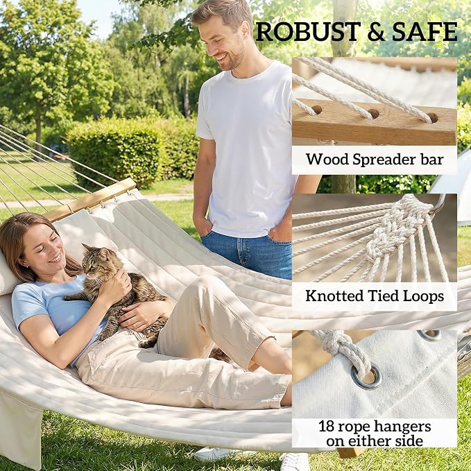 Outsunny Outdoor Hammock, 2-Person Hammock with Head Pillow and Pad, Wood Spreader Bars, 440 lbs Capacity, for Patio Yard Garden, 128" x 55", Cream White - Image 5