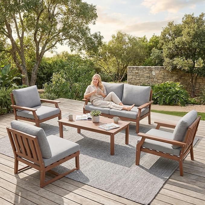 HDPE Patio Conversation Set, 6-Piece All Weather Outdoor Furniture Set with 2 Single Armchairs for Deck, Lawn, with Cushion, Brown