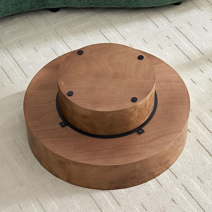 Round Coffee Table for Living Room,31.49" Modern Circle Drum Center Table with Burl Wood Veneer & Sturdy Pedestal,Small Wooden Circular Coffee Table for Apartment,Easy Assembly (Walnut)