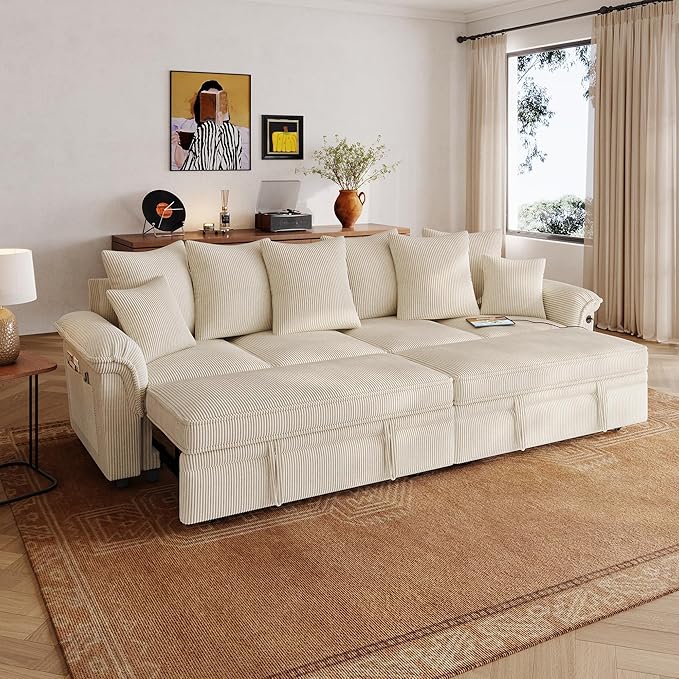 LINSY HOME Oversized Sectional Sleeper Sofa with Pull Out Couch Bed (Beige, 110.5'') | USB Charging, Pillow-style Armrest, Multiple Cushions, Modular Sofa, Corduroy Fabric