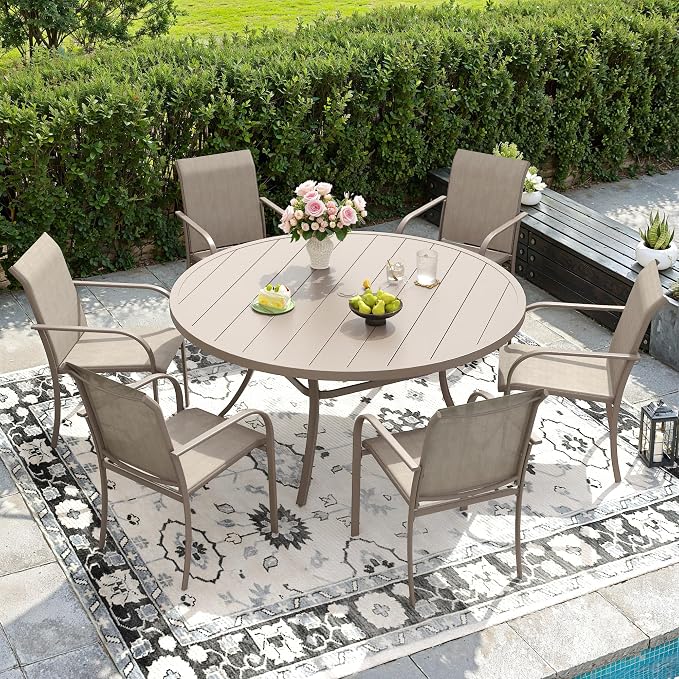 DIFY Patio Dining Set for 6, 7 Piece Outdoor Table and Chairs Set, 50" Round Metal Patio Dining Table and 6 Textilene Stackable Patio Chairs, for Backyard Garden Poolside, Sandshell by DIFY