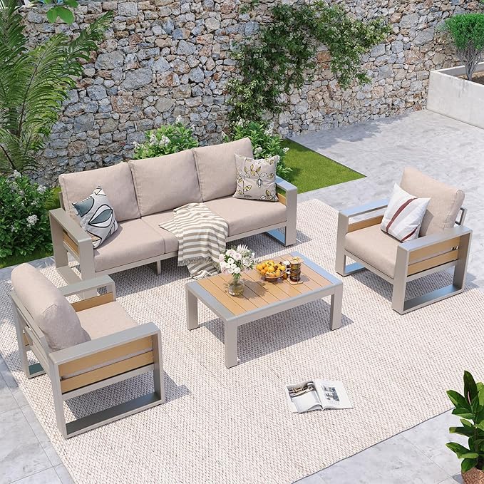 Aoxun Aluminum Patio Furniture Set, 5 Seats Luxury Metal Patio Conversation Sets with Coffee Table, 6'' Thick Cushions and 3-Seat Sofa, Sectional Outdoor Furniture Set for Backyard/Poolside, Beige