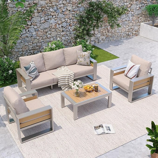 Aoxun Aluminum Patio Furniture Set, 5 Seats Luxury Metal Patio Conversation Sets with Coffee Table, 6'' Thick Cushions and 3-Seat Sofa, Sectional Outdoor Furniture Set for Backyard/Poolside, Beige