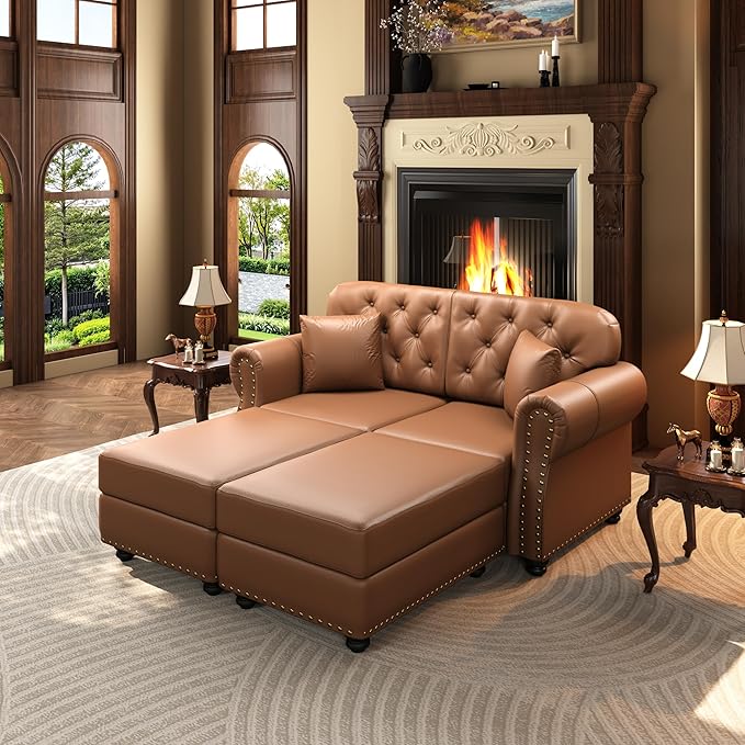 KEIKI 63" Faux Leather Chesterfield Sofa with Rolled Arms & Nailhead Trim & 2 Ottoman, 2-Seater Button Tufted Couch with High Resilience Cushion & 2 Pillow, Easy Assembly, for Living Room, Brown