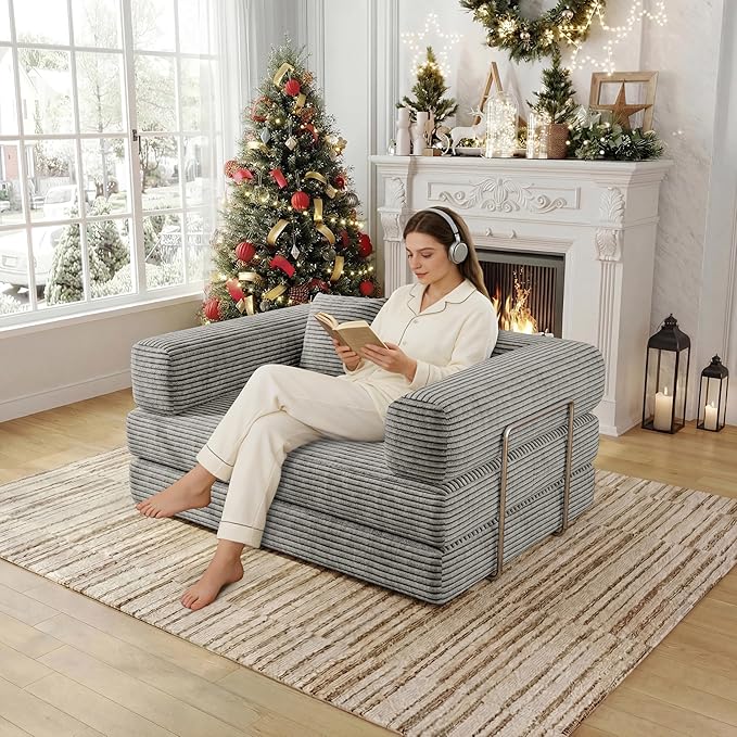 4 in 1 Futon Sofa Bed Queen Size - Foldable Convertible Sleeper Sofa Couch with L-Shaped Support, Removable Washable Floor Space Saving for Bedroom & Dorm (Light Gray, 53.15" Double Sofa)