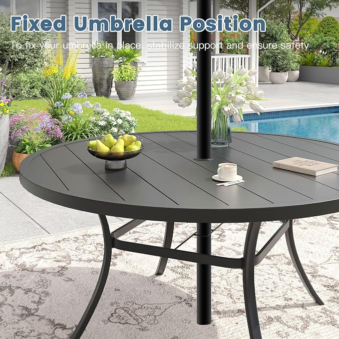 DIFY 11 Pieces Outdoor Patio Dining Set for 10, 60" Black Round Metal Dining Table and 10 Brown Stackable Sling Dining Chairs, Outdoor Table and Chairs for Lawn Garden Backyard Deck - Image 7