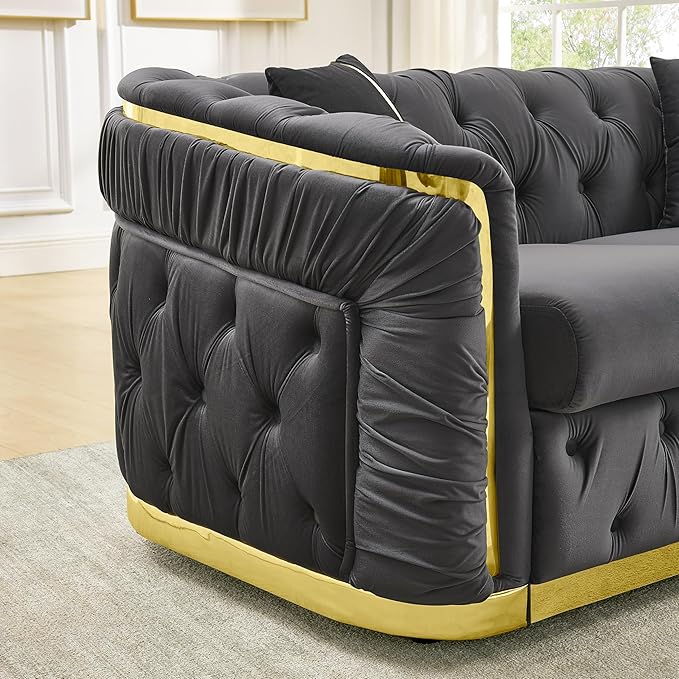 KEIKI 63" Luxury Oversized Velvet Chesterfield Sofa with 2 Pillow & Gold Stainless Decoration, Italian Modern Style 2-Seater Button Tufted Couch with Rolled Arms, Easy Assembly, for Living Room, Gray