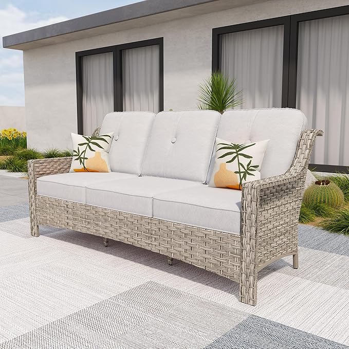 HOOOWOOO Patio Couch,Outdoor Wicker 3 Seater Sofa,All Weather Resistant High Back Rattan Deck Matching Furniture(Light Grey Gray)