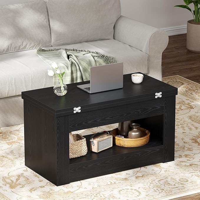 40" Lift Top Coffee Table, 4 in 1 Multi-Function Lift Coffee Tables with Storage and Hidden Compartment, Convertible Coffee Table to Dining Table for Living Room, Black